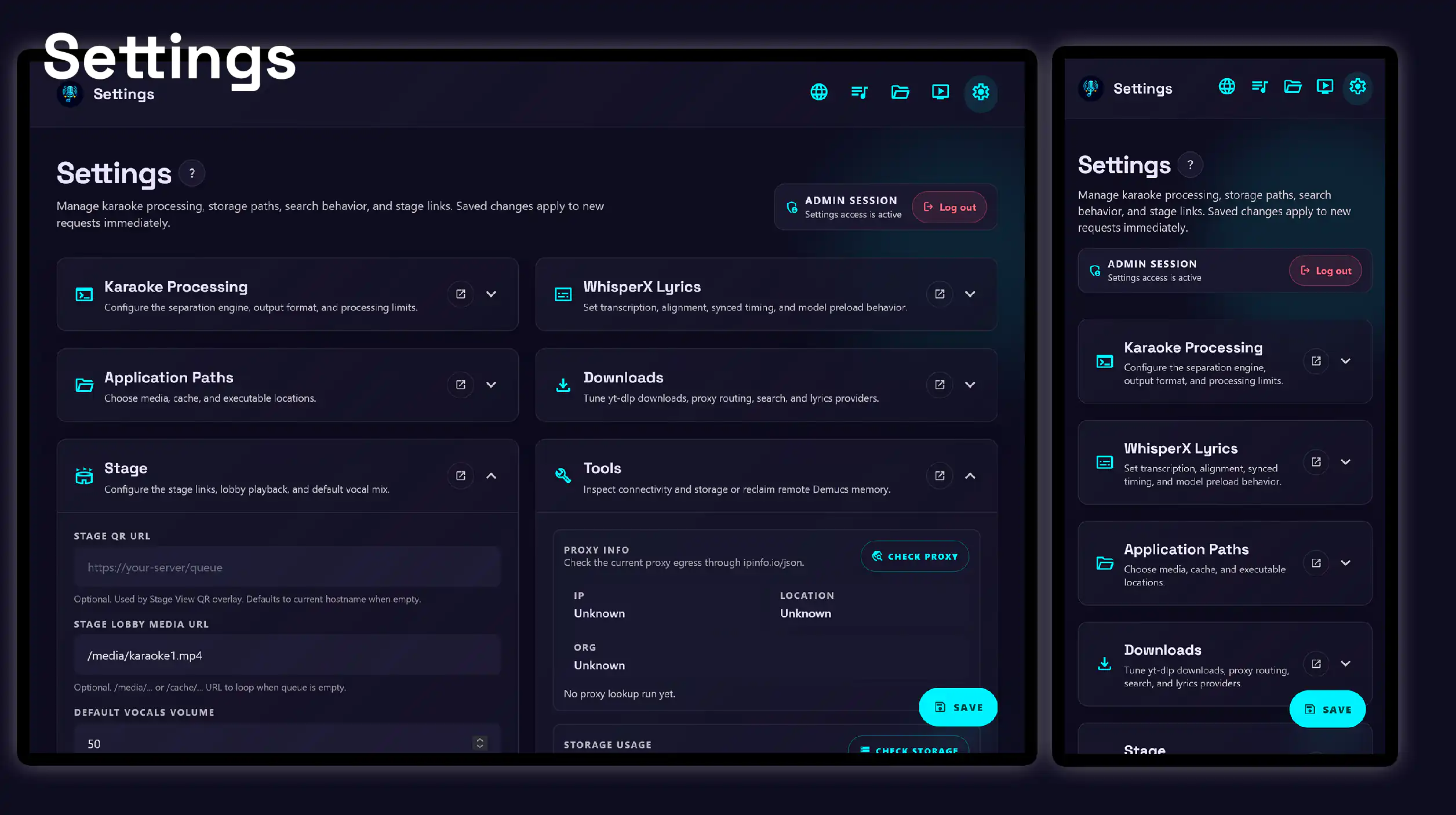 Settings page