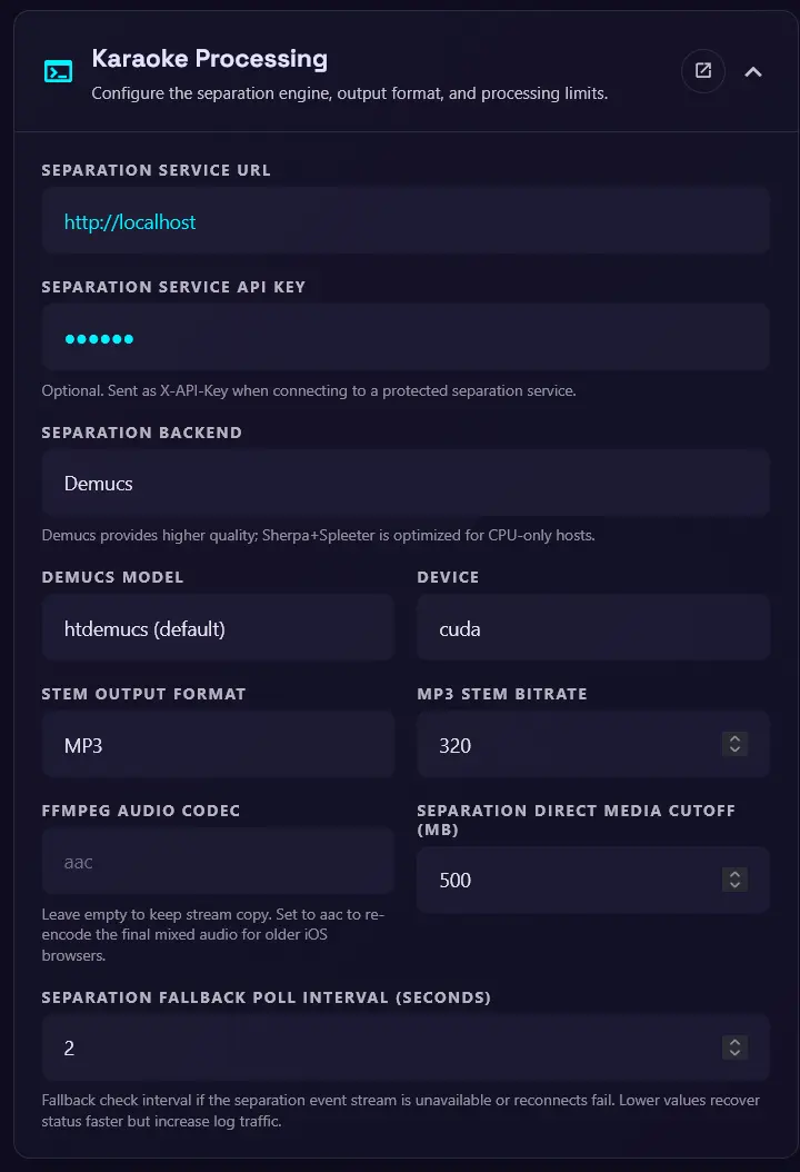 Karaoke Processing settings