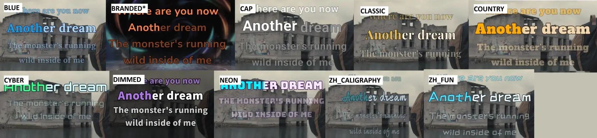 Karaoke lyrics displayed using different style presets