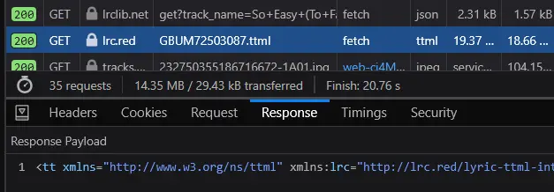 Browser network request for a TTML lyrics file identified by ISRC