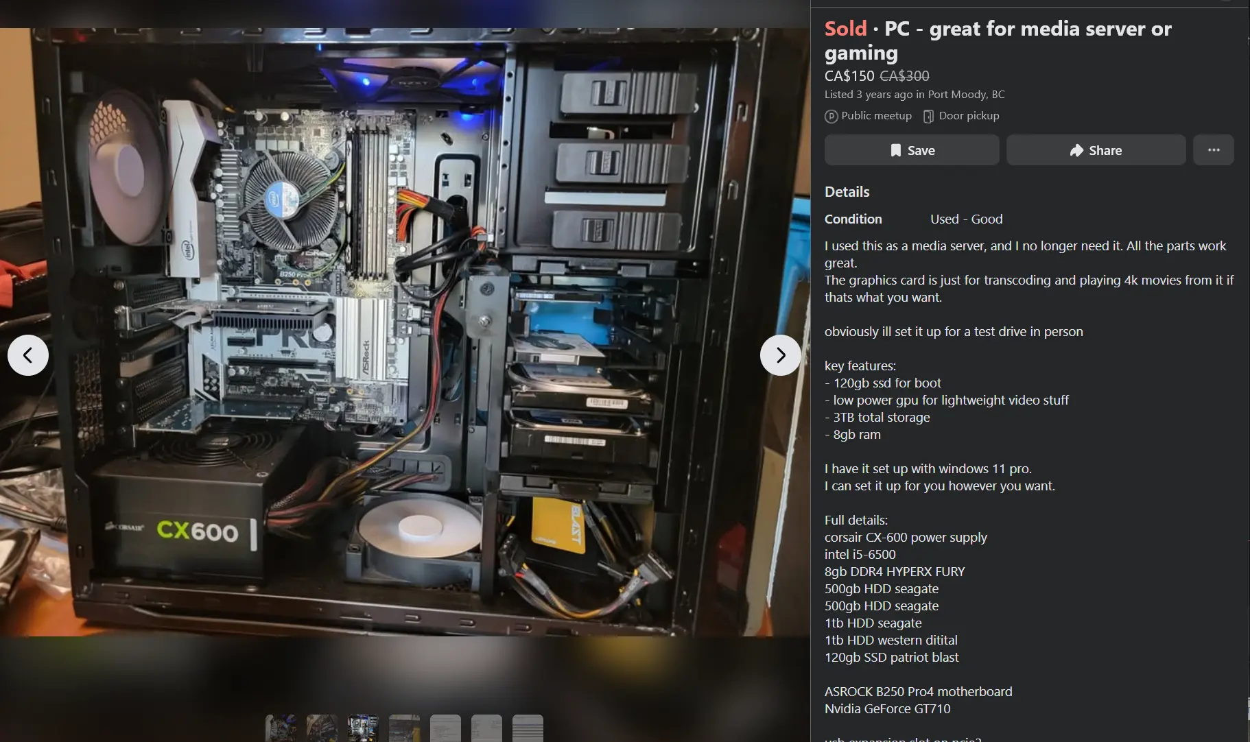 Facebook Marketplace listing for the used media PC