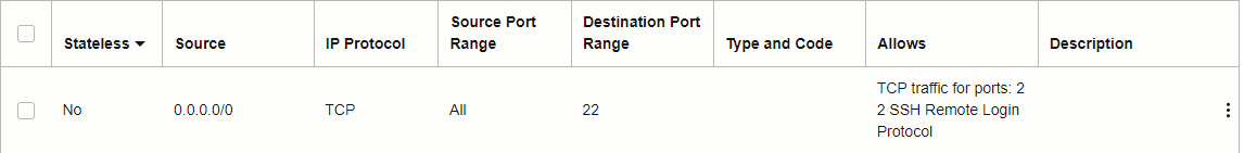 Example of Oracle Cloud firewall settings allowing SSH rule