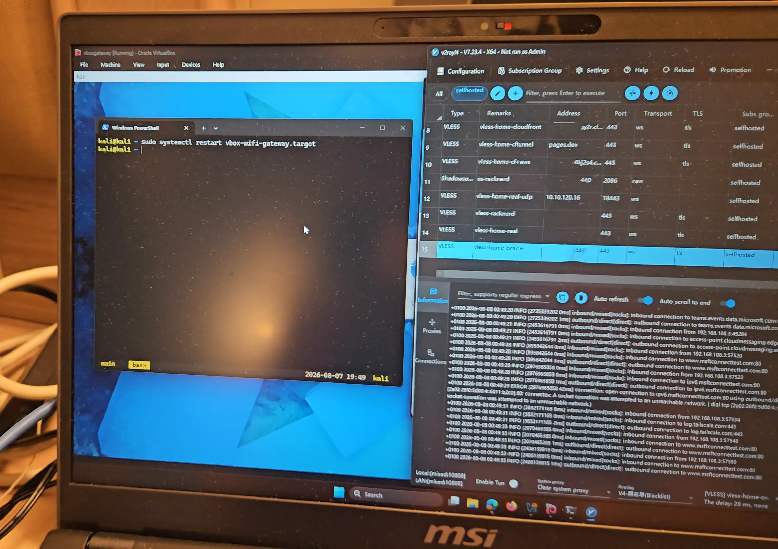 Kali Linux and V2RayN on MSI Laptop